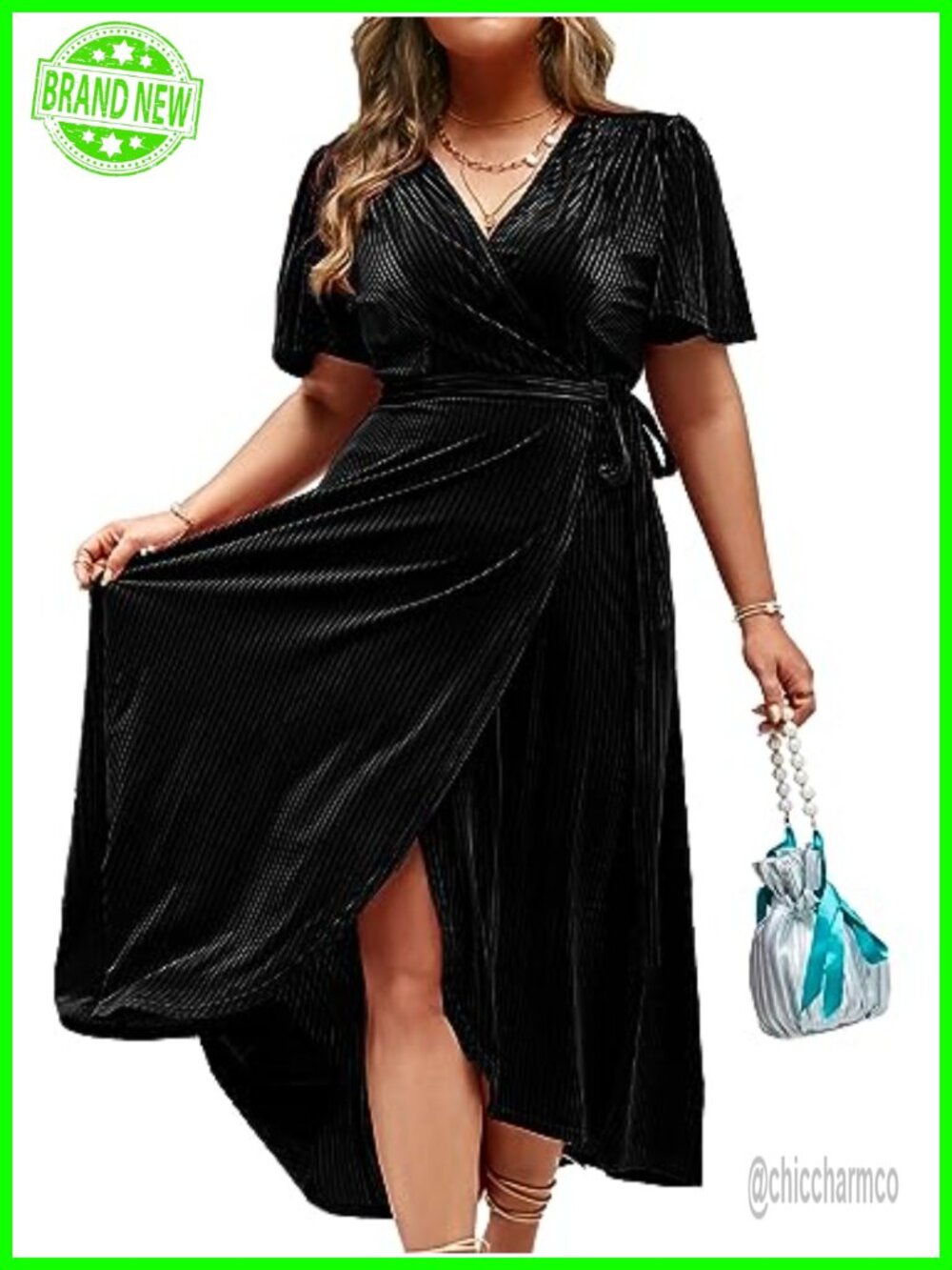 Velvet V Neck Wrap Semi Formal Midi Dress Cocktail Wedding Guest High Slit